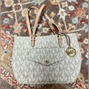 Authentic Michael Kors Cream White and Tan Logo Tote Bag Purse